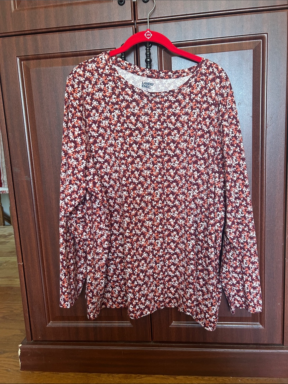 Lands' End Long-Sleeve Crewneck Top in Rust Red Floral